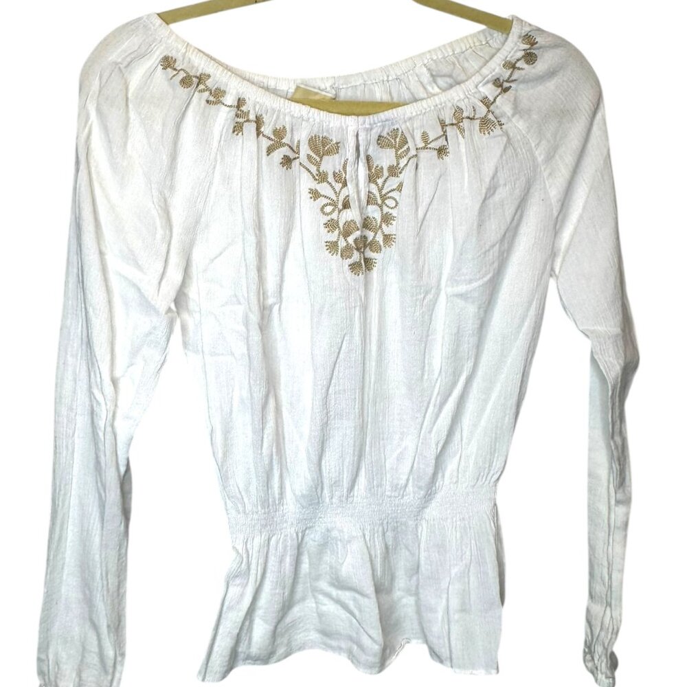 Michael Kors White and Gold Floral Embroidered Tunic w/Elastic Waist, Size Small